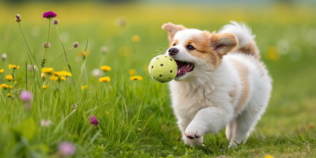Dog in grass with a ball
