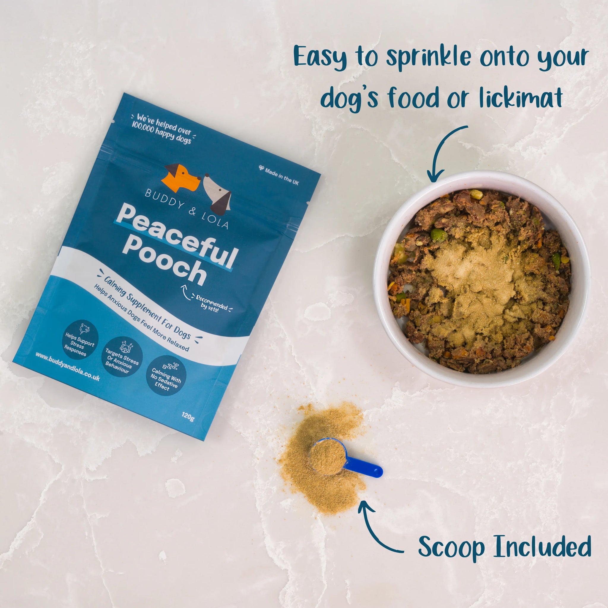 Calming supplement meal topper on dog food