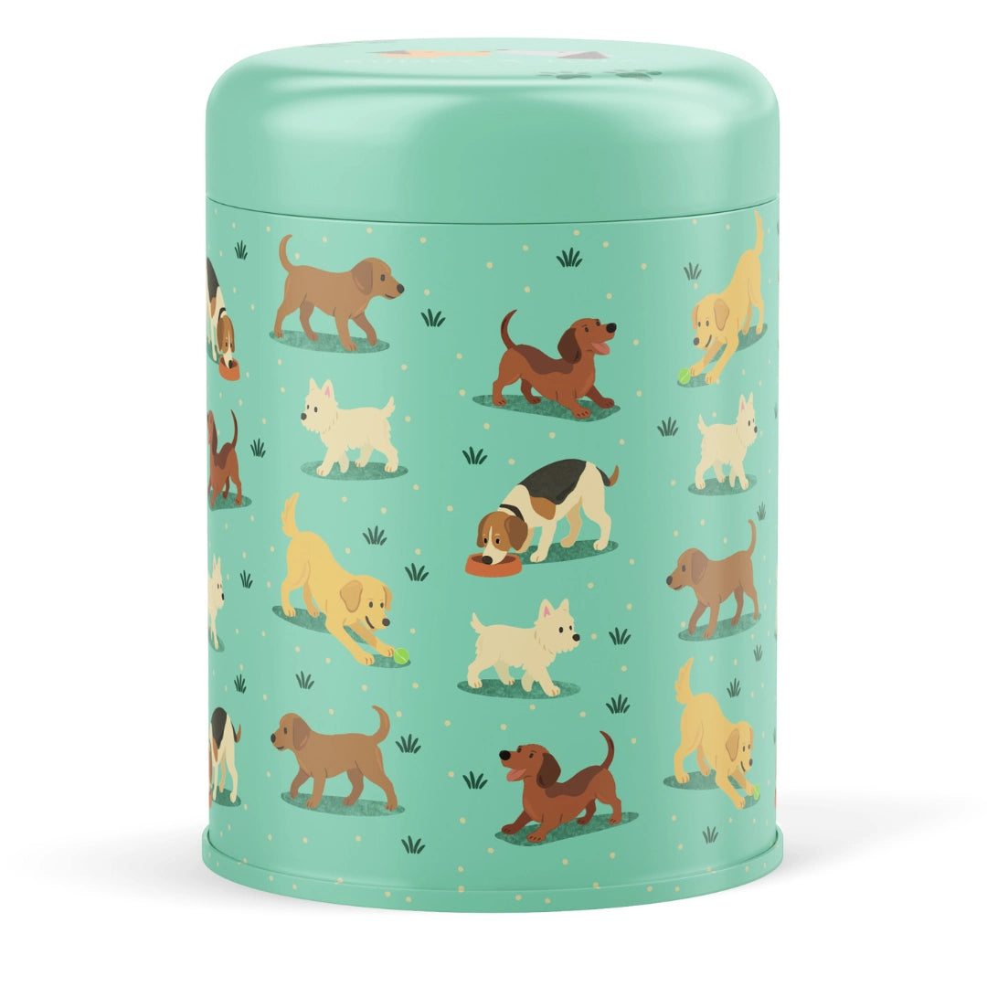 Turquoise cylindrical container with dog pattern on a white background for storing dog supplements or treats