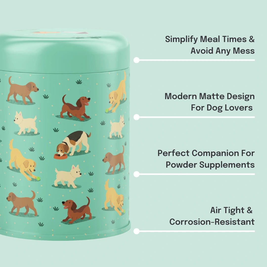 Green container with dog illustrations on a light blue background, featuring text about its features.