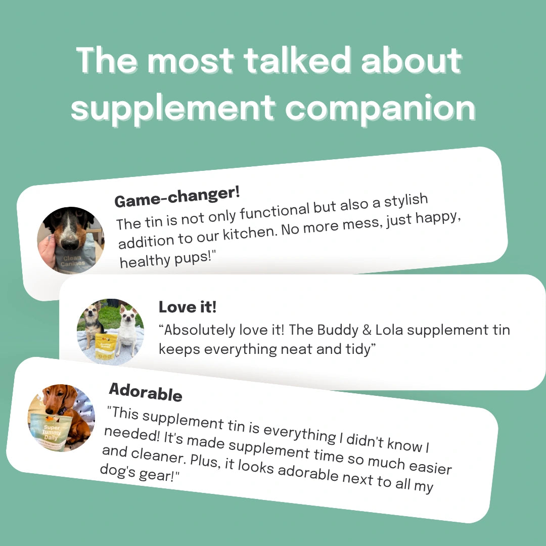 Reviews of a supplement tin for dogs on a green background
