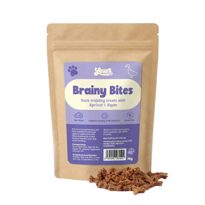 Package of 'Brainy Bites' duck training treats with a small pile of treats in front on a white background
